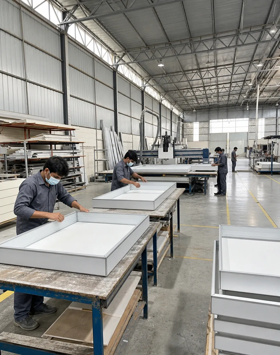 Fabricators assembling aluminium light-box frames beside a CNC router on the IBS production floor