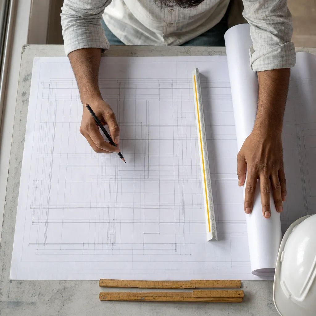 Overhead view of a designer drawing a floor plan in pencil, with a scale rule, two folding rules and a white hard hat on the table