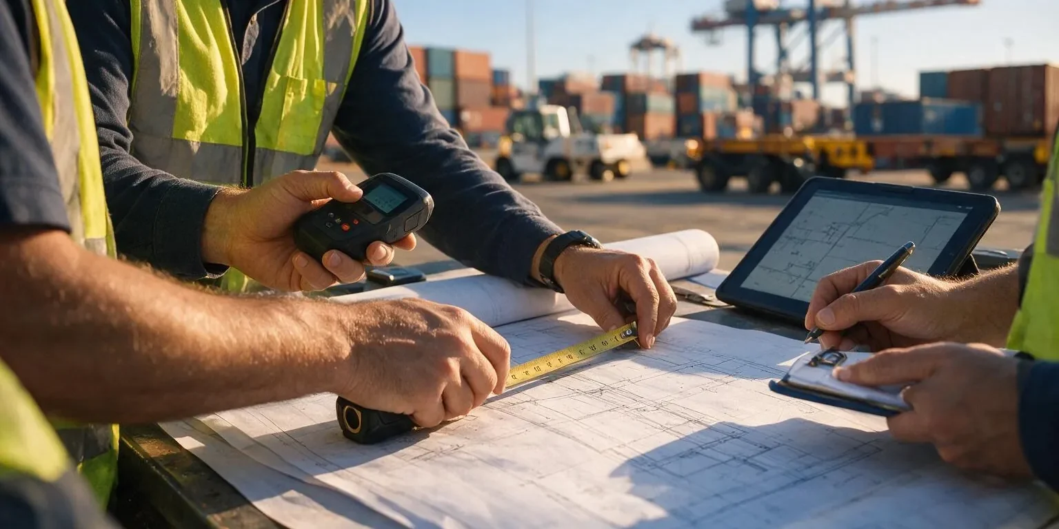 Three site engineers checking a printed drawing with a tape measure, a laser meter and a tablet, container cranes behind