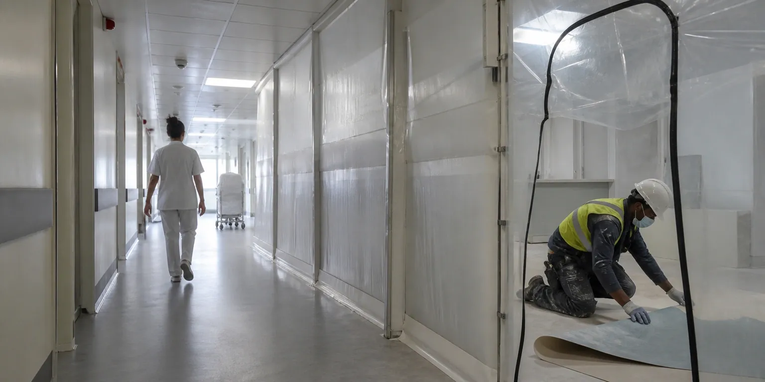 Hospital corridor with clinical-grade vinyl flooring beside a sealed dust-containment barrier