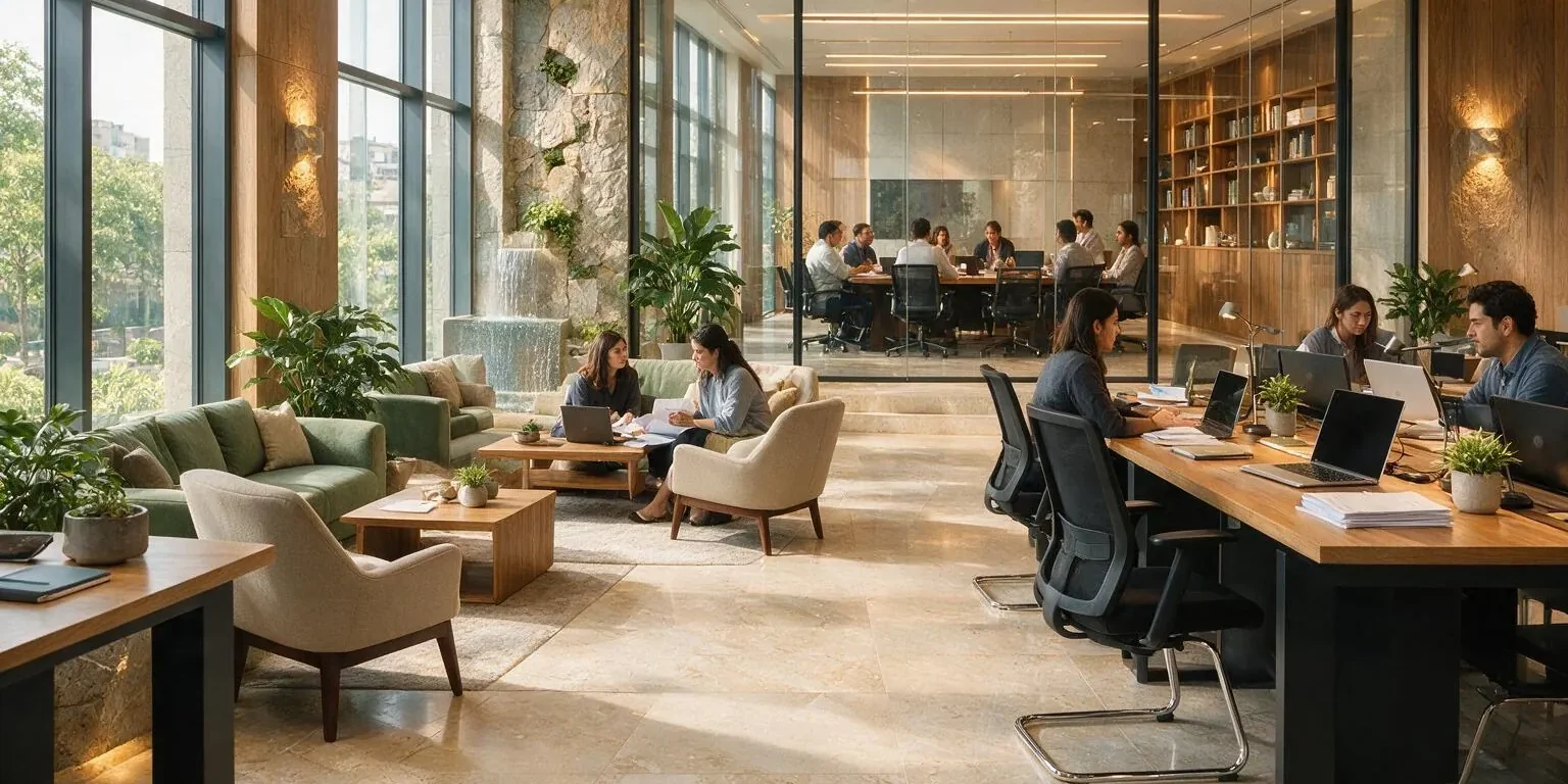 Occupied open-plan office with a glazed meeting room, timber shelving, lounge seating and people working at long desks