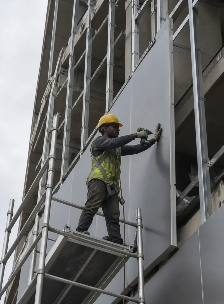 Installer in a hard hat fixing an aluminium composite panel to a facade frame from a scaffold