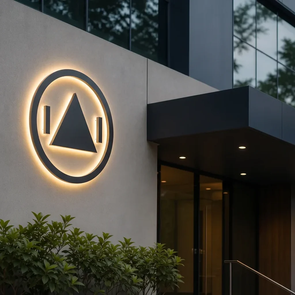 Circular halo-lit brand mark on a grey facade beside a covered entrance