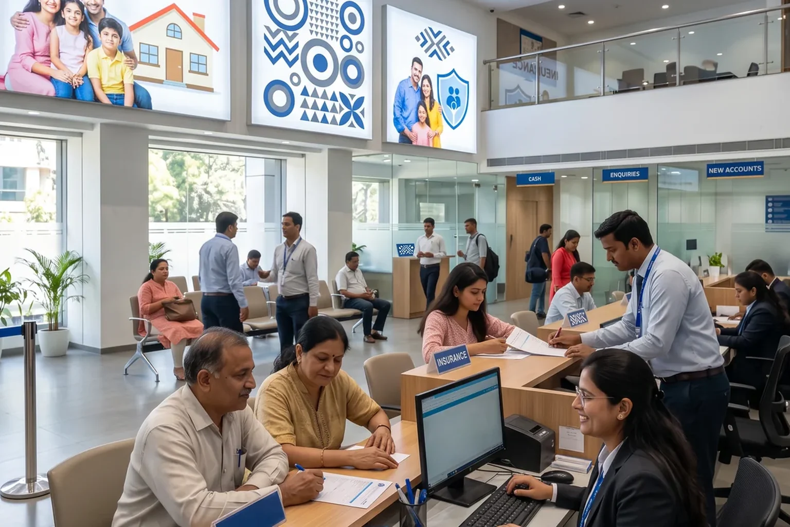 Busy bank branch floor with customers at service desks, counter labels for cash and enquiries, and large brand panels above