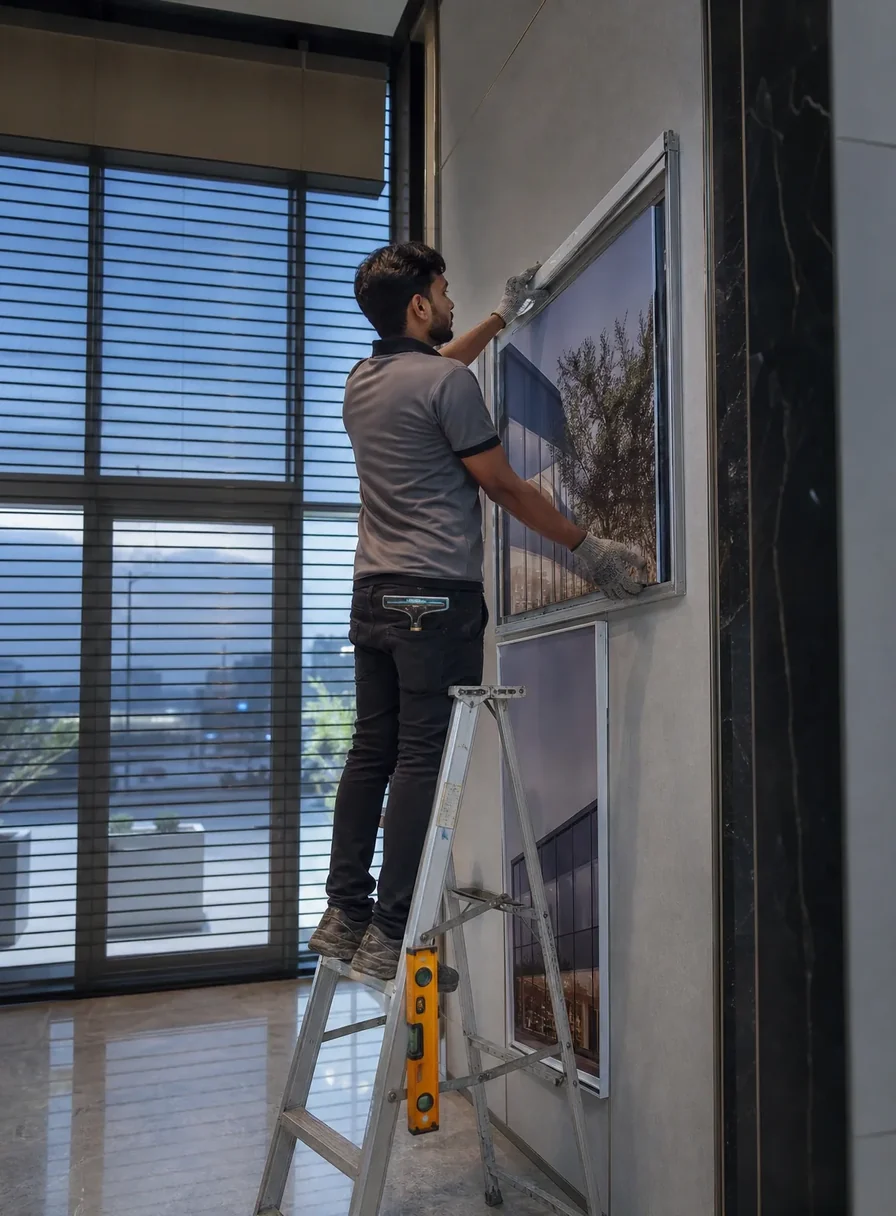 Installer on a step ladder fixing a framed graphic panel to a branch wall next to the glazing