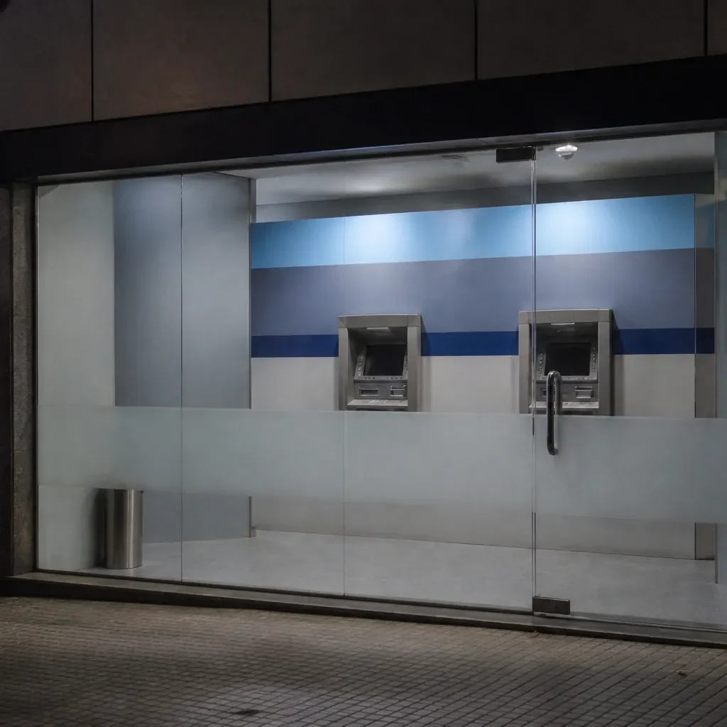ATM lobby at night with two machines set into a branded wall behind frosted glass doors