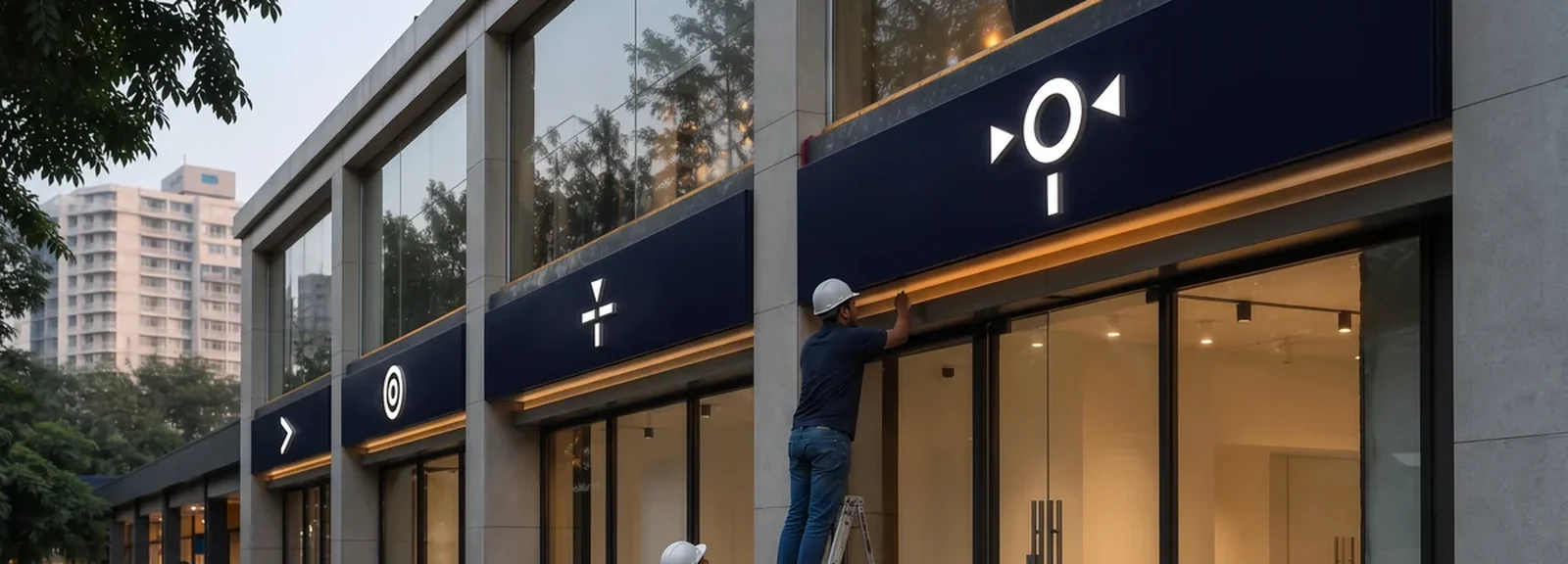 Row of shopfronts under navy fascia boards with an installer on a ladder fixing one of the signs