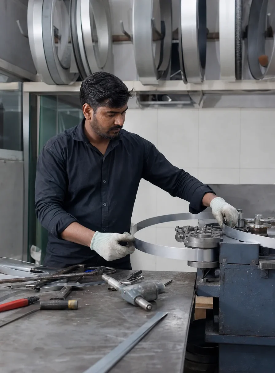 Fabricator shaping an aluminium letter return on a bench in a signage workshop