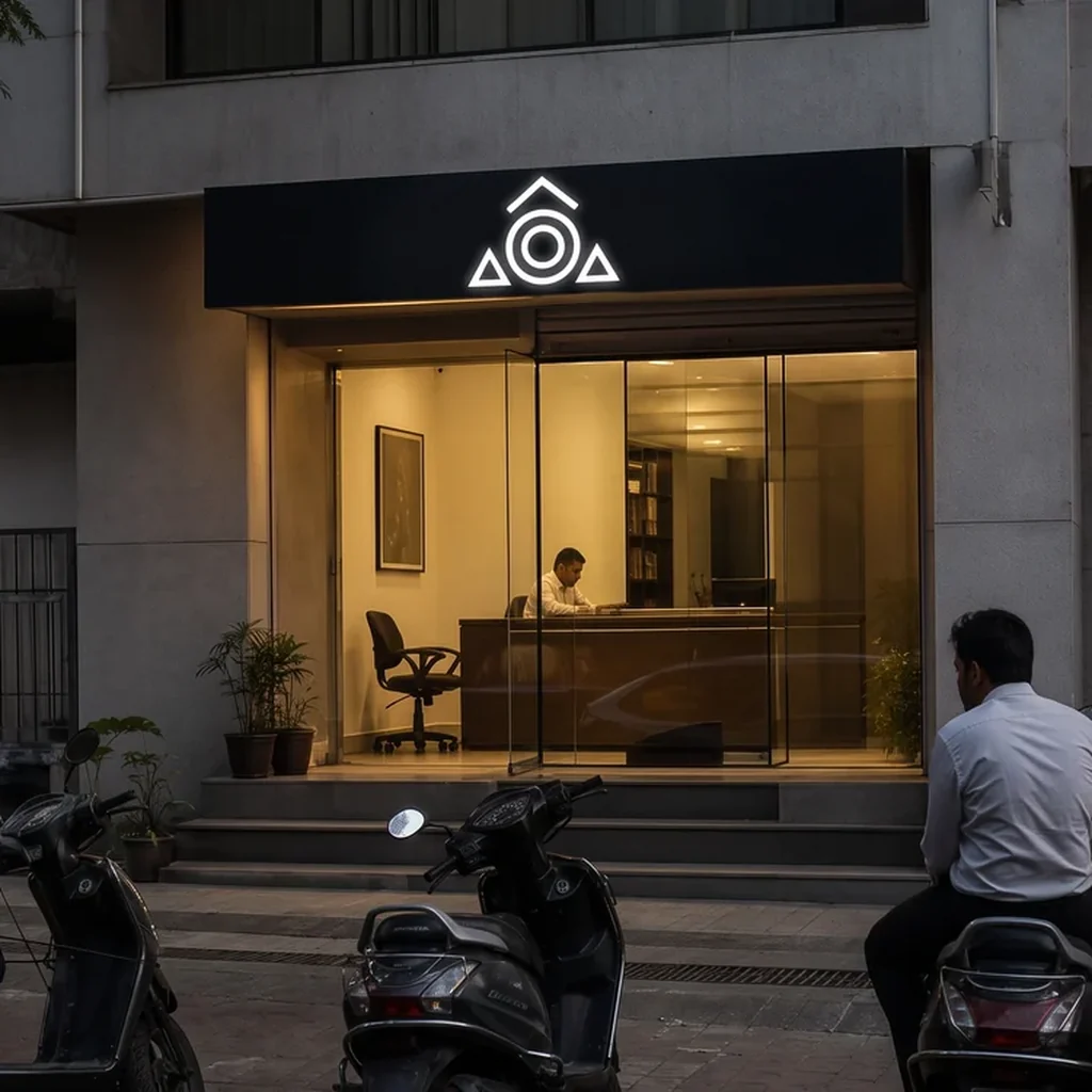 Small shop with a navy lit fascia board, a counter visible inside and scooters parked in front