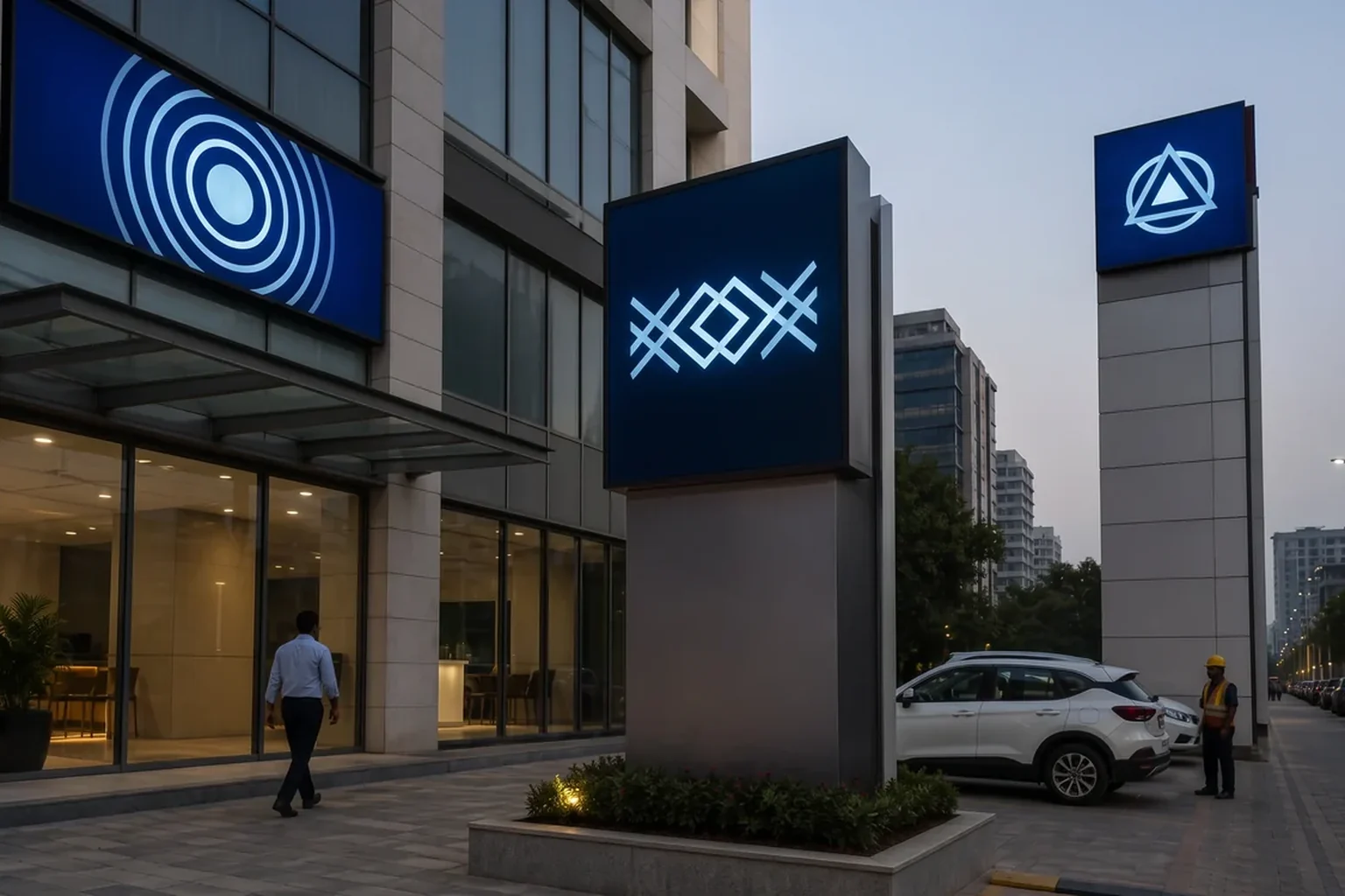Two illuminated totem pylons beside a glazed building at dusk, with a car parked on the forecourt