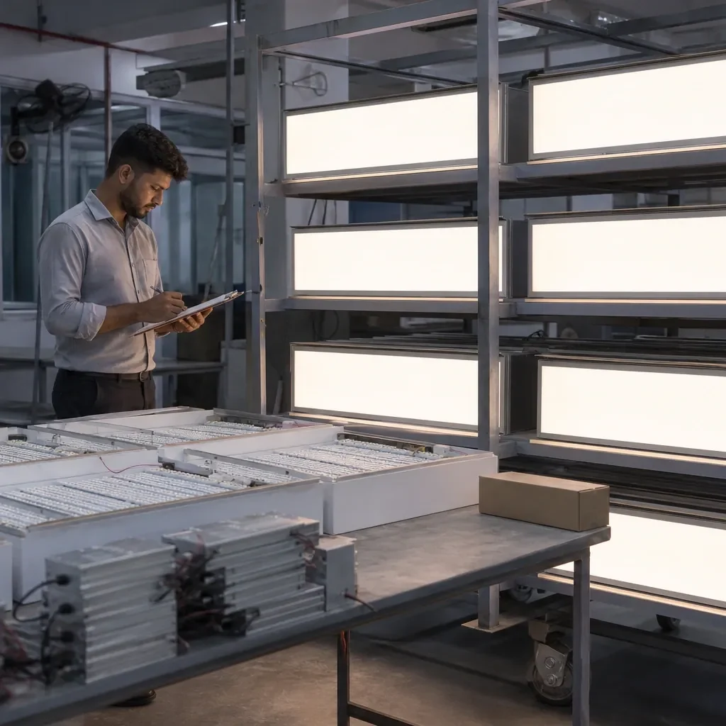 Lit lightbox panels stacked on a factory test rack while a technician records readings