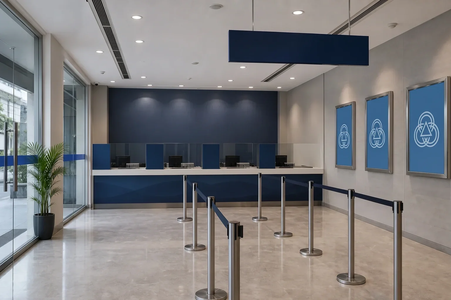 Branch customer area with a navy service counter, queue barriers and three framed brand panels on the side wall
