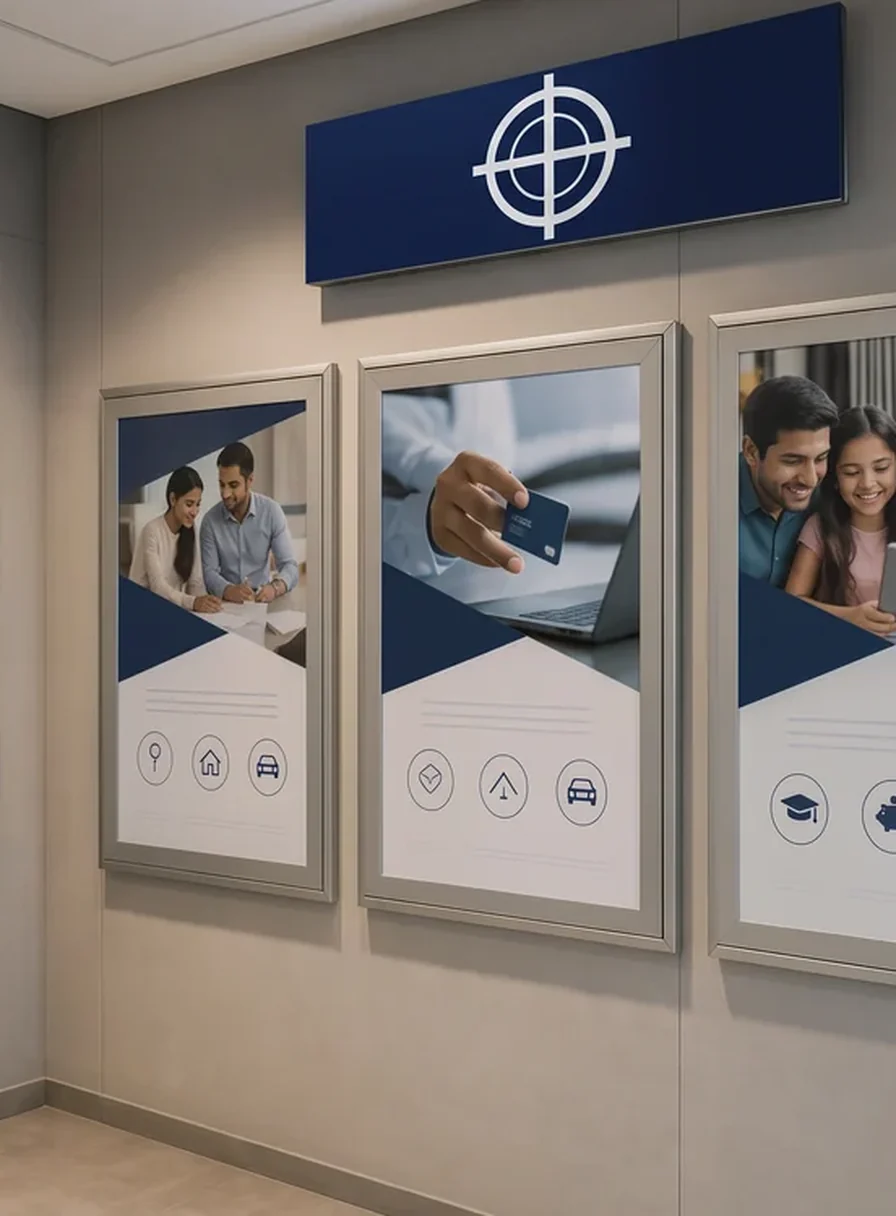 Three framed product posters on a branch wall beneath a navy header panel