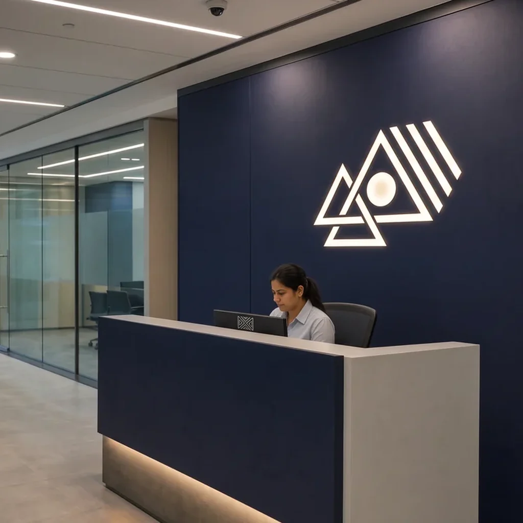 Reception desk in navy with a lit brand mark on the wall behind it and a glass-partitioned office beyond