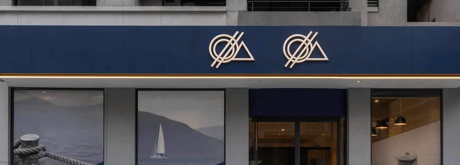 Branch frontage with a navy fascia carrying two brand marks above large window graphics
