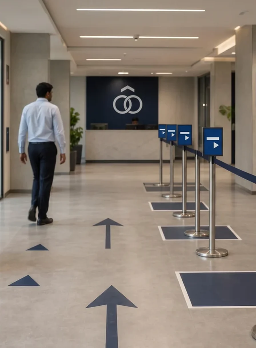 Branch corridor with floor arrows, queue posts carrying small direction flags and a brand mark on the far wall