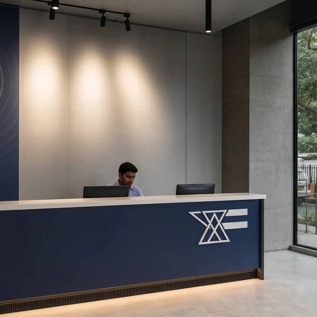 Navy service counter with a brand mark on its front panel and spotlit wall behind