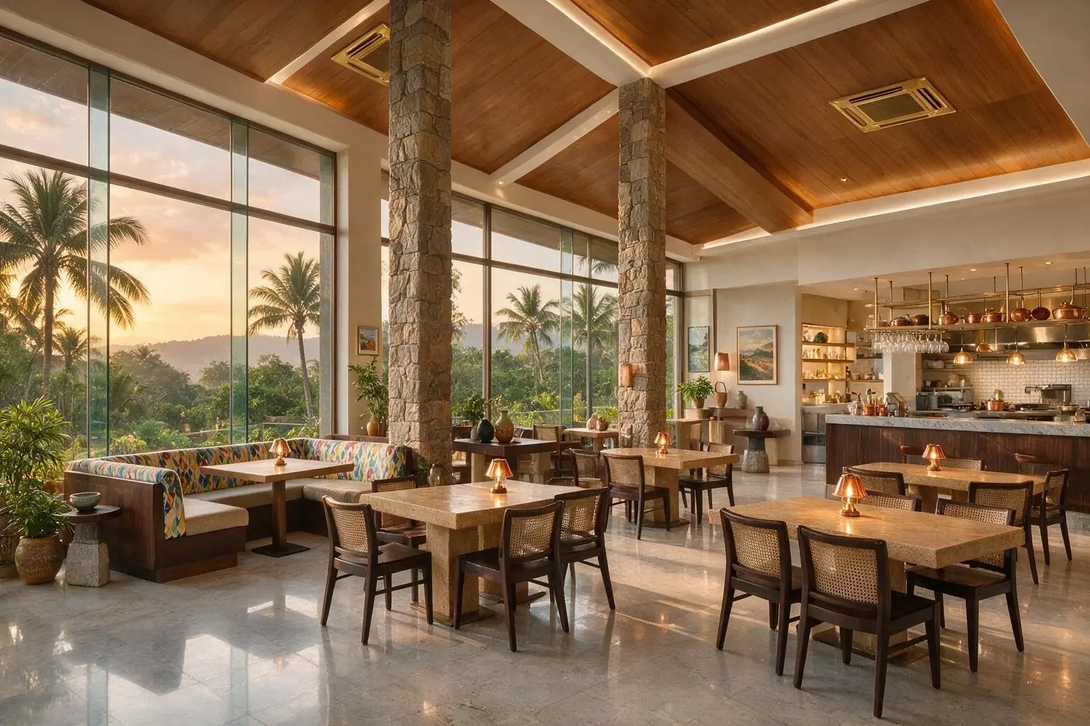 Restaurant dining room with rattan chairs, stone-topped tables, table lamps and an open show kitchen behind a long counter