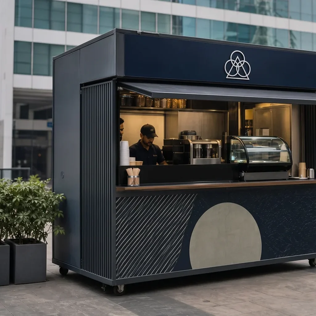 Navy coffee kiosk with a branded canopy, an espresso machine and a pastry display behind the serving hatch