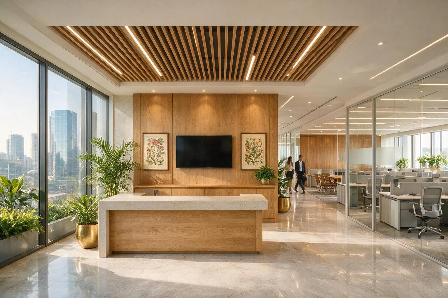 Office reception with a timber-slatted ceiling, a timber reception desk, glass-walled workspace and a city skyline through tall windows
