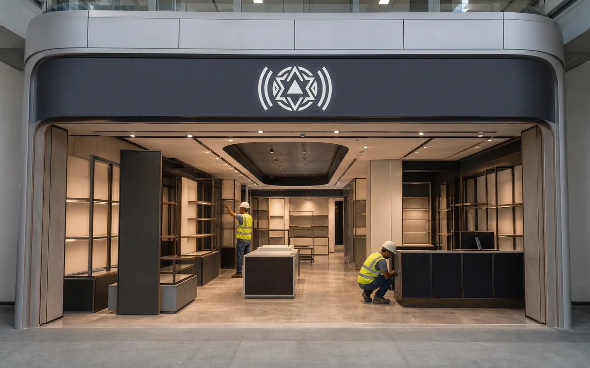 Retail unit being fitted out inside an airport terminal, workers installing shelving under a lit fascia