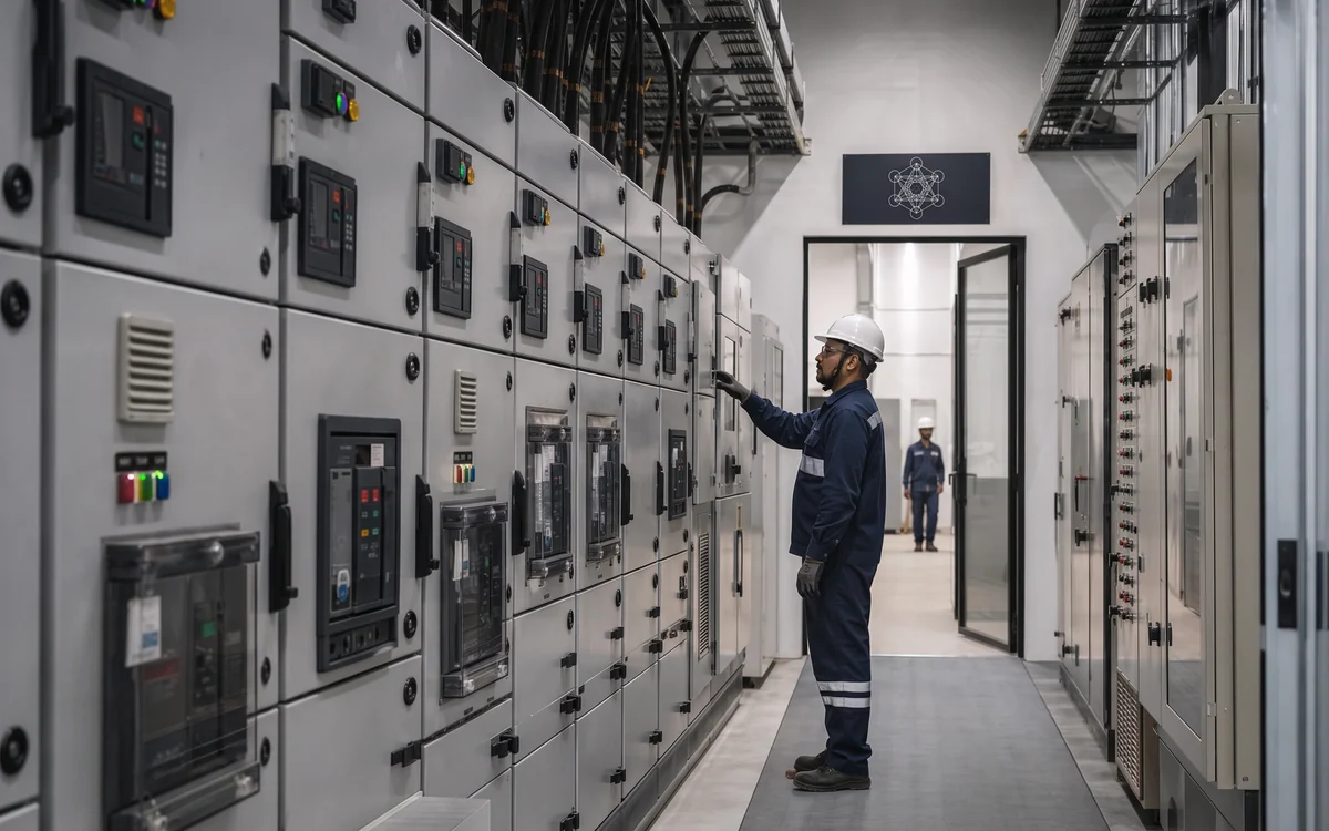 LT panel room with rows of switchboards and a technician in overalls operating a breaker