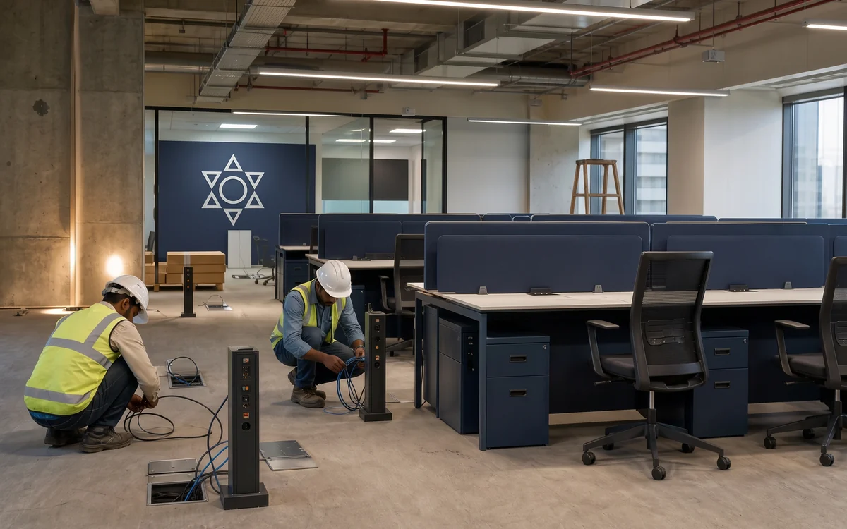 Two electricians installing floor power boxes beside new workstations in an office under fit-out