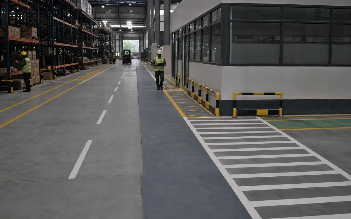 Warehouse floor in grey with white lane lines, a hatched pedestrian crossing and yellow safety barriers beside racking
