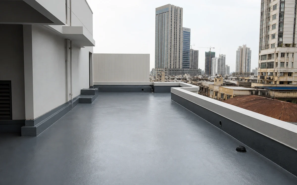 Grey coated floor finish on a rooftop terrace deck beside a parapet, city buildings behind