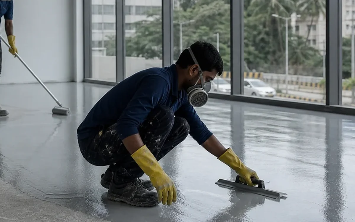 Close view of a worker in a respirator spreading grey floor coating with a trowel, a roller behind him