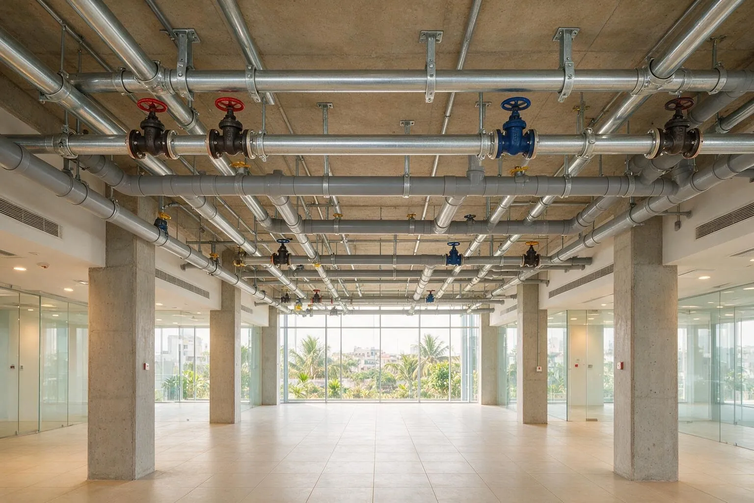 Open-plan floor before fit-out, with overhead service mains fitted with red and blue valves