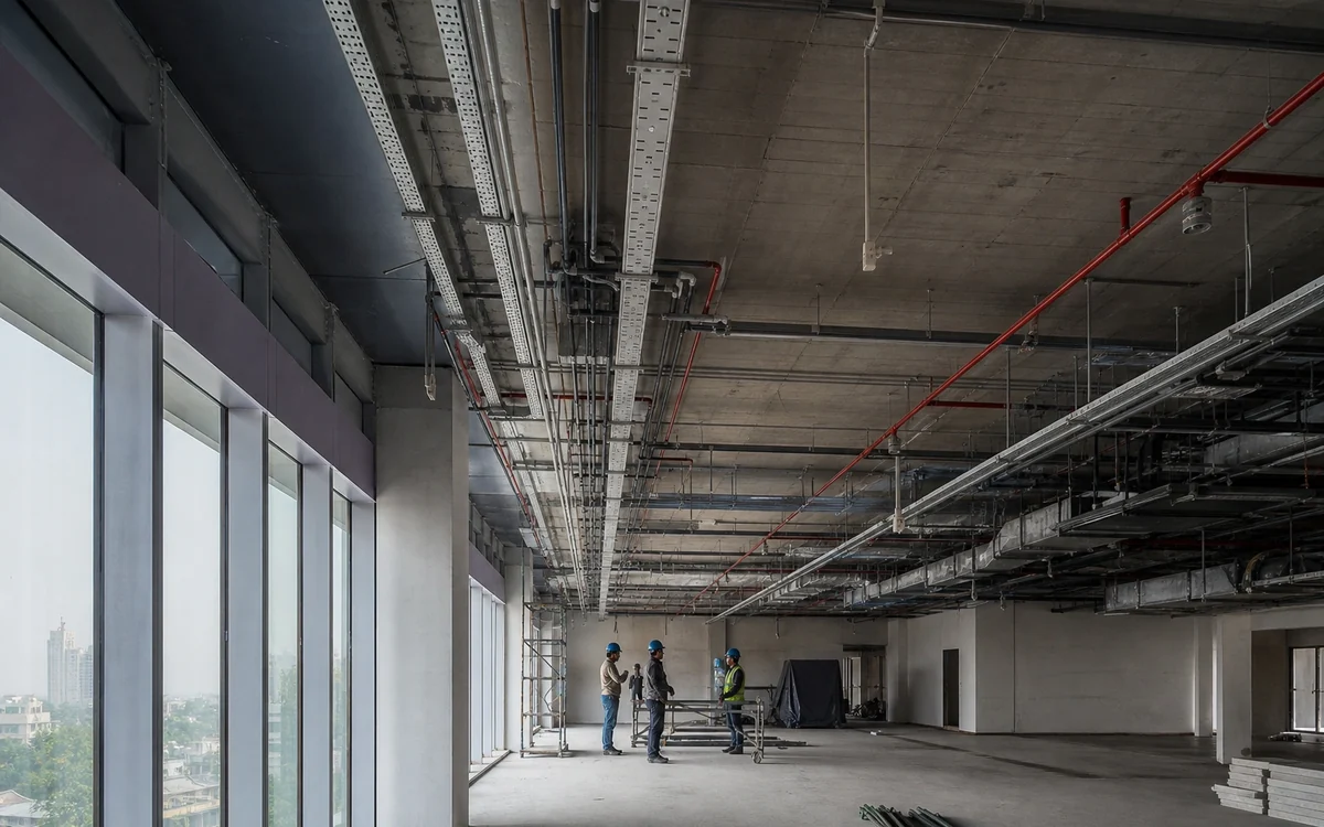 Open office ceiling with cable trays, ducting and a red fire main, a small crew working on the floor below