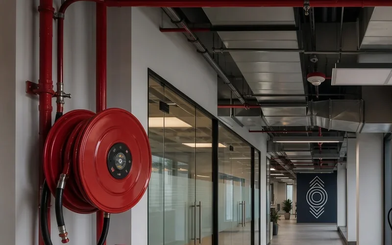 Wall-mounted red fire hose reel and red pipework in an office corridor, a smoke detector on the ceiling