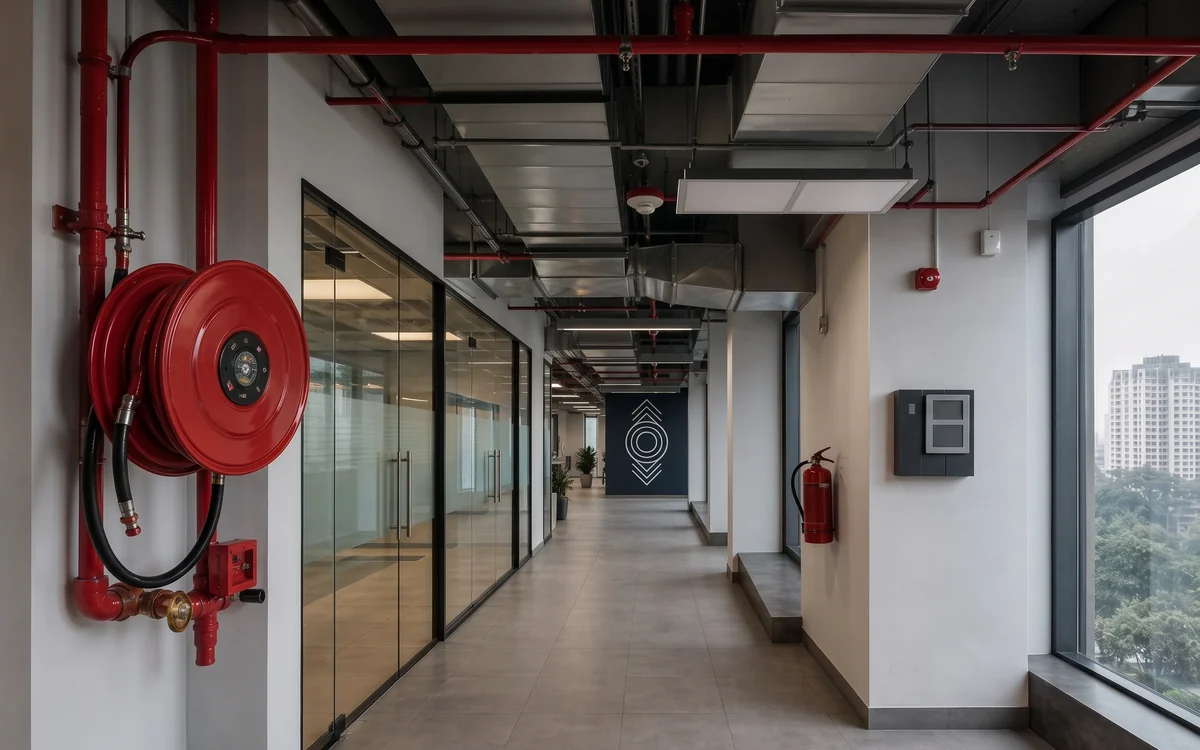 Wall-mounted red fire hose reel with red pipework overhead in an office corridor, a fire extinguisher further along