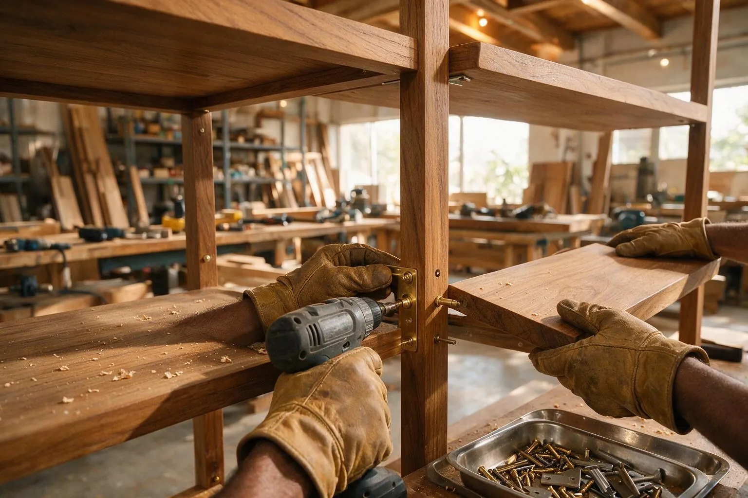 Gloved hands screwing a brass bracket to a timber shelving frame in a joinery workshop