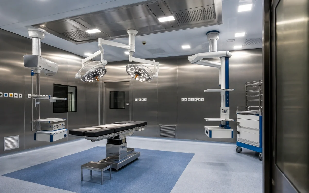 Modular operation theatre with stainless wall panels, surgical lights and a ceiling air supply unit above the table