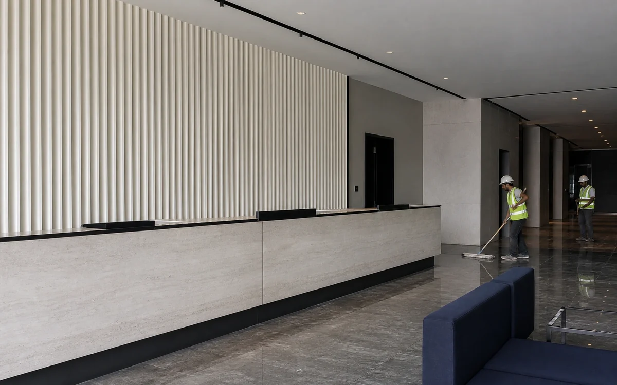 Hotel lobby nearing completion with a long stone reception desk and workers cleaning the floor