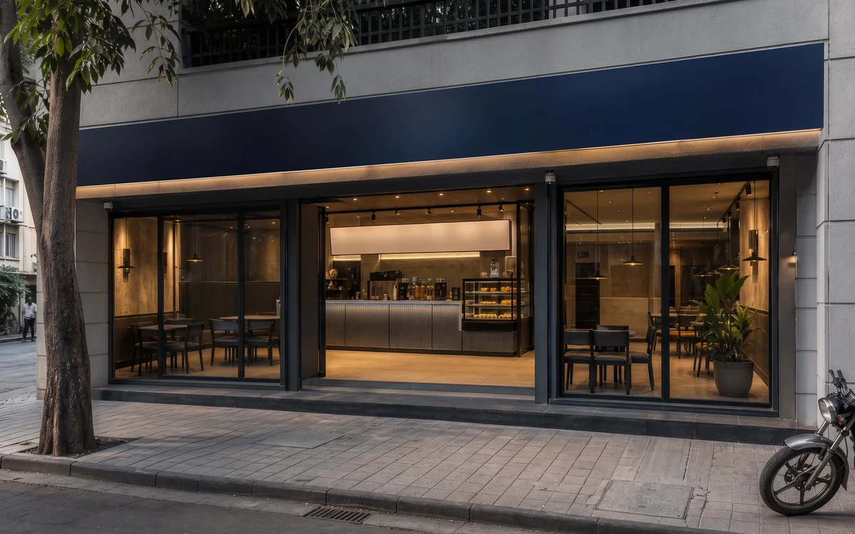Cafe shopfront with a navy fascia band over full-height glazing and a lit service counter inside