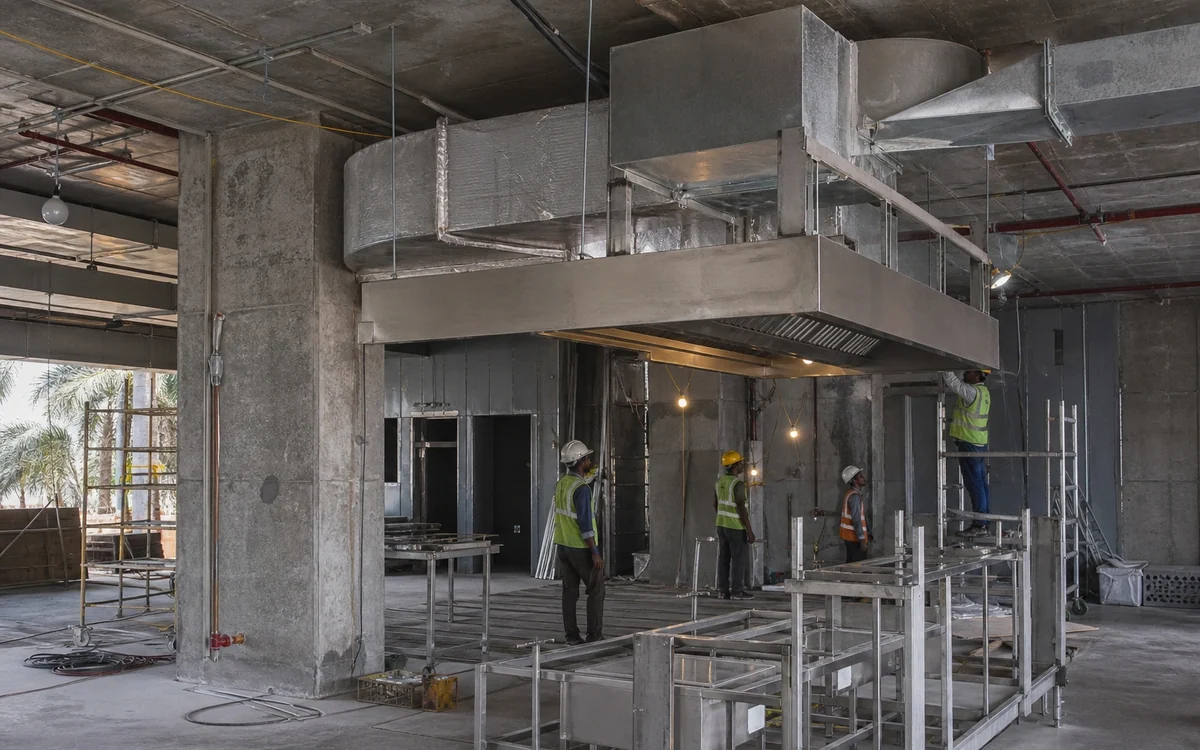 Stainless steel kitchen exhaust hood and ducting being installed in an unfinished commercial kitchen, a crew at work below