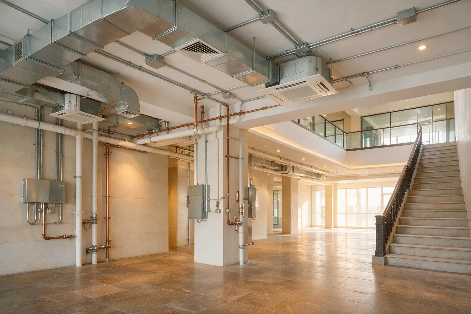 Finished double-height hall with exposed ducting, ceiling air-conditioning units and a staircase