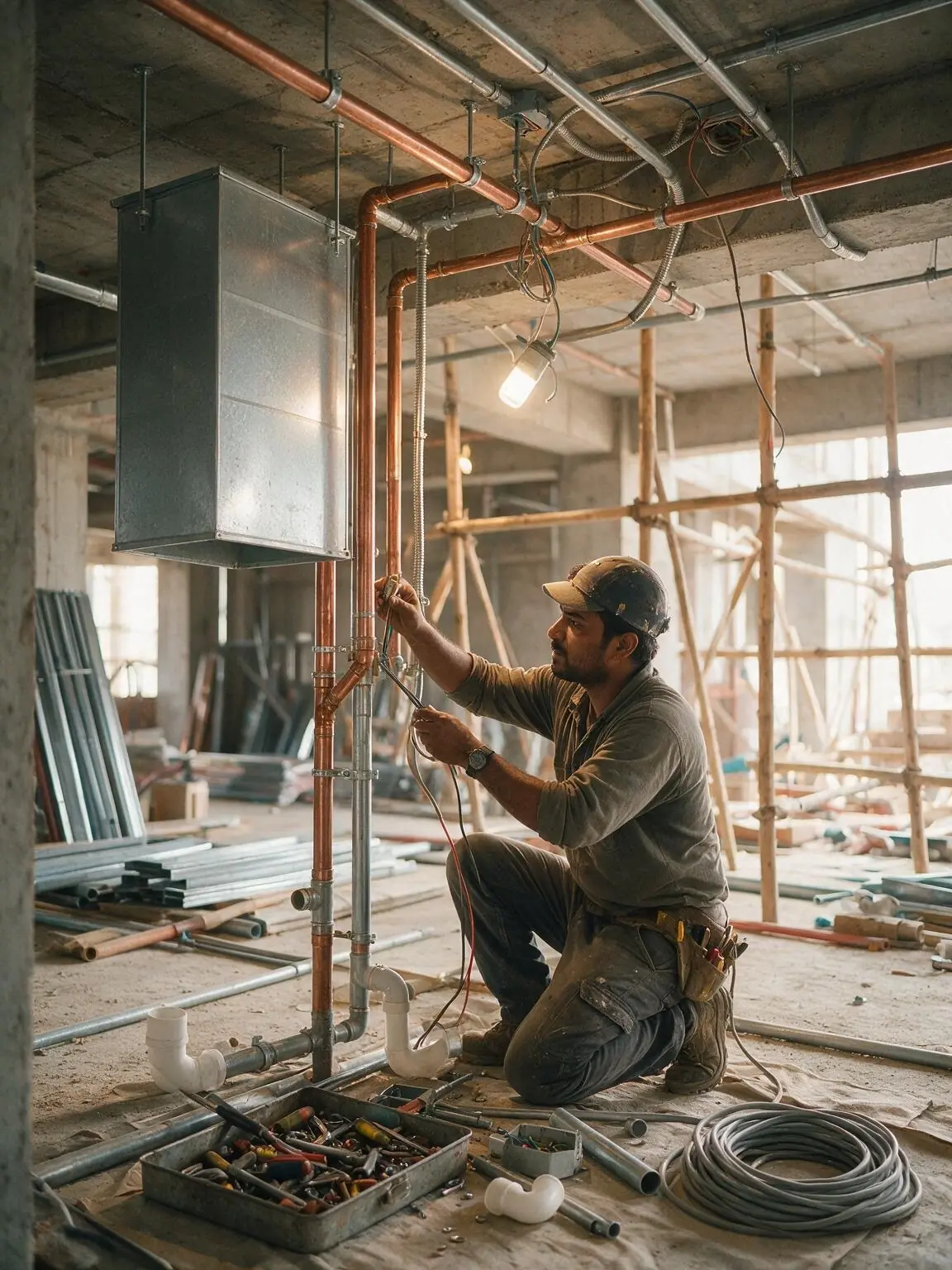 Technician fitting copper pipework on an open floor, ducting overhead