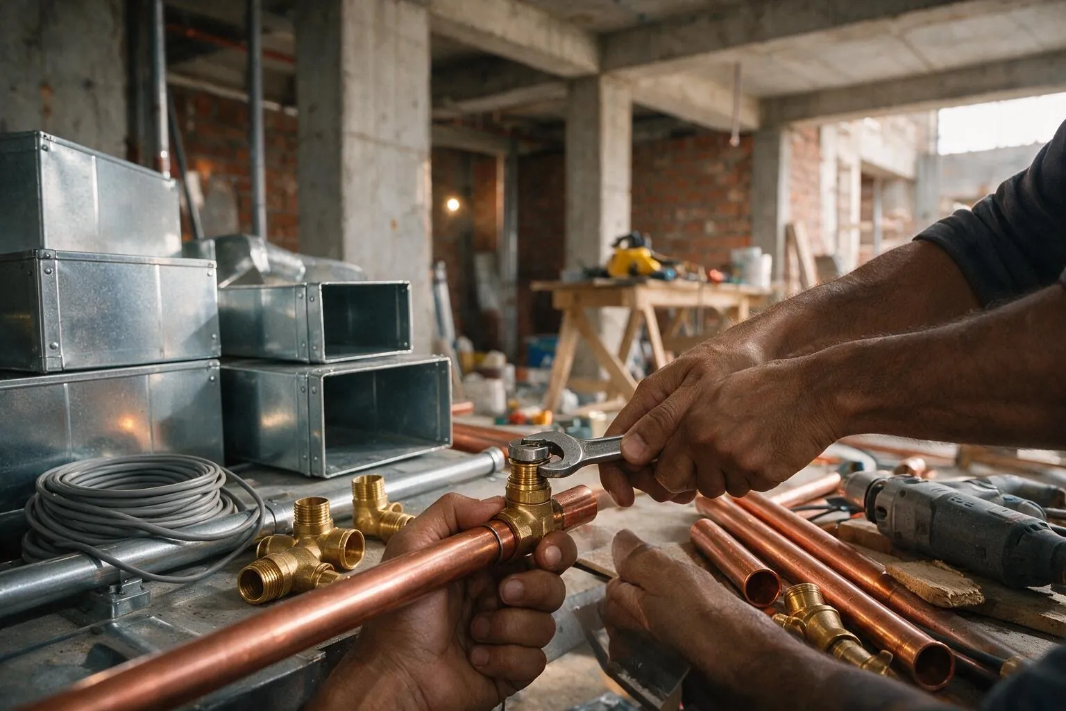 Close view of a technician brazing copper refrigerant pipe, galvanised duct sections stacked behind