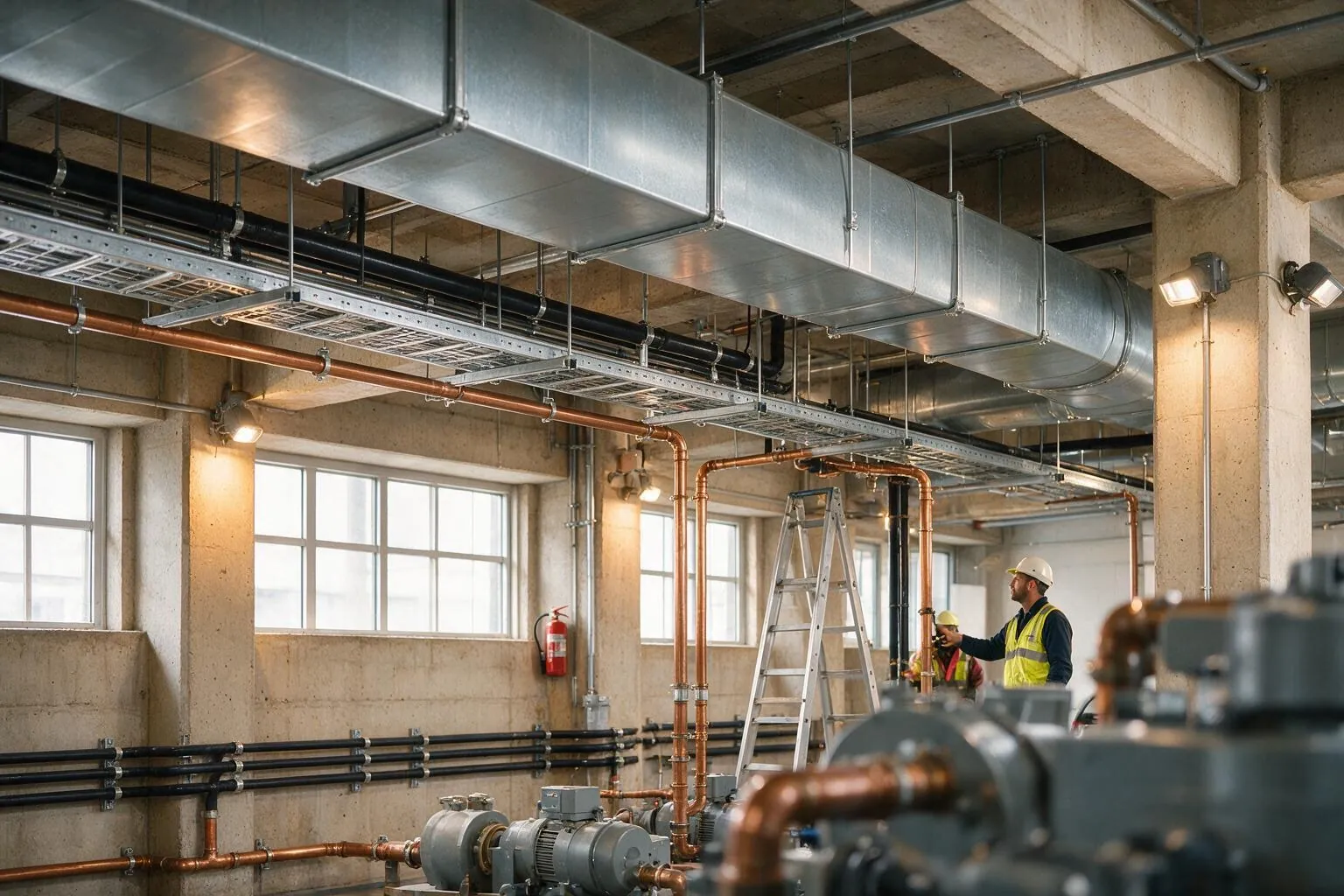 Galvanised ducting and copper pipework under a concrete slab, two workers on a ladder and pump sets in the foreground