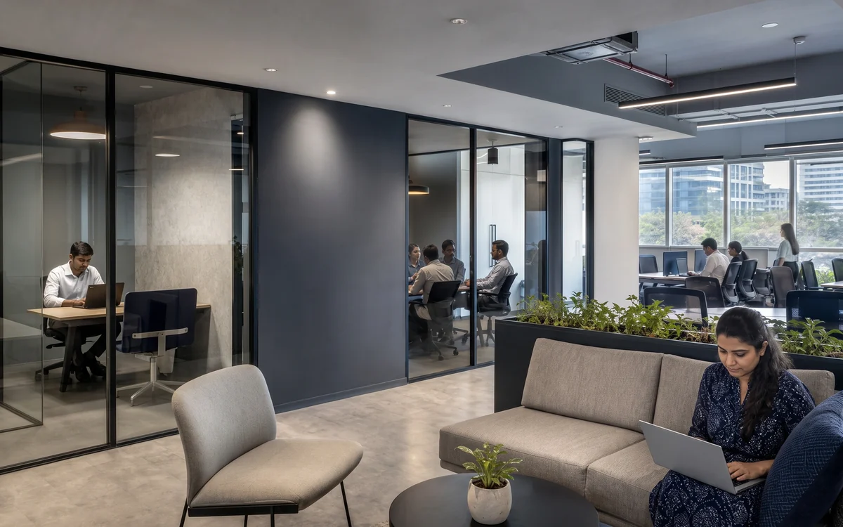 Office breakout area with a glass-walled meeting room, a sofa and a woman working on a laptop