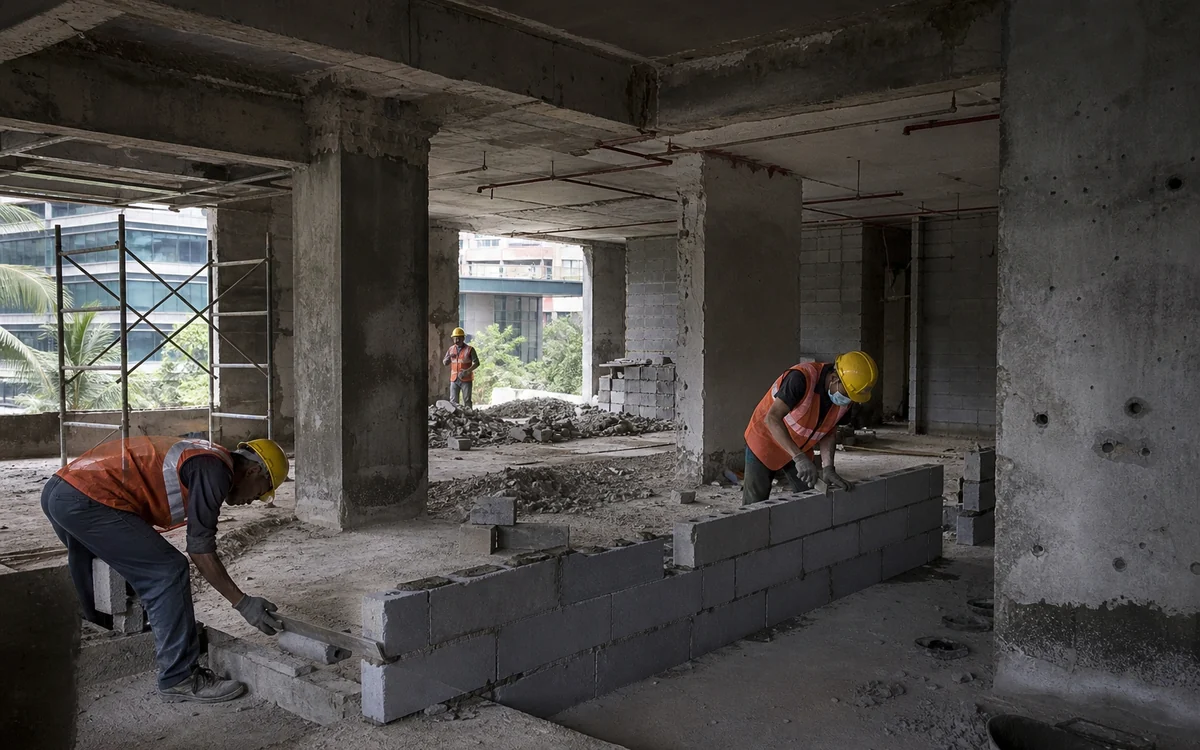 Workers laying blockwork in a bare concrete shell during the civil stage of a fit-out