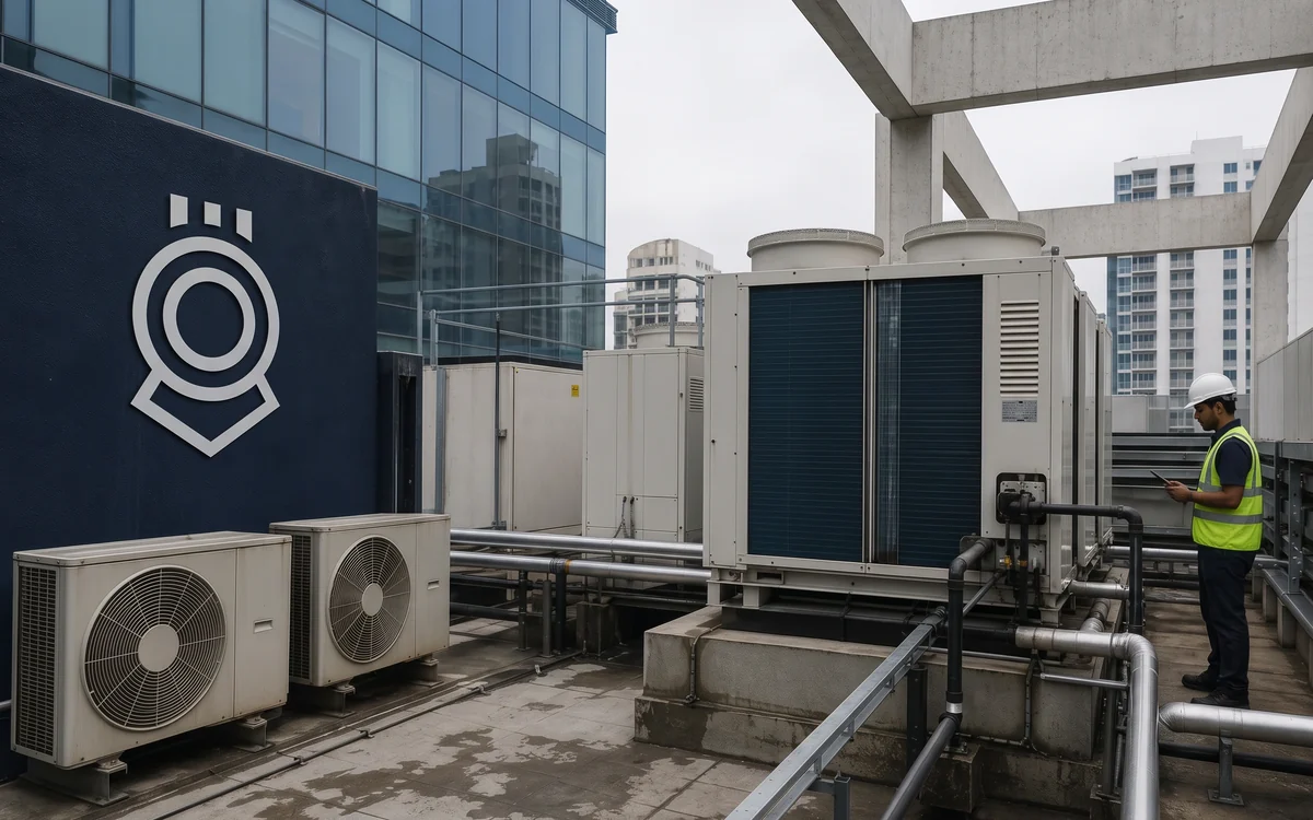 Rooftop HVAC units and pipework beside an office building, an engineer checking the plant