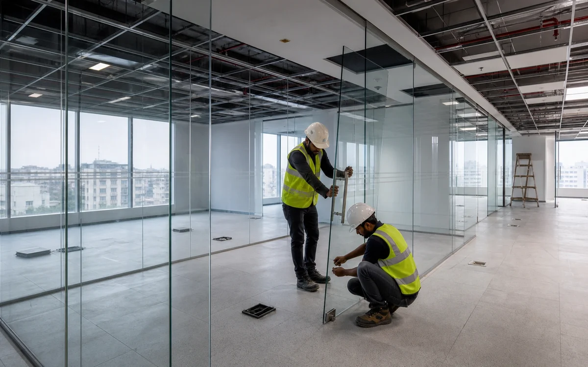 Two workers fitting a frameless glass partition on an office floor under construction