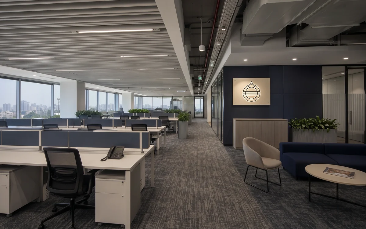 Finished open-plan office with workstations, a lounge area and a navy logo wall