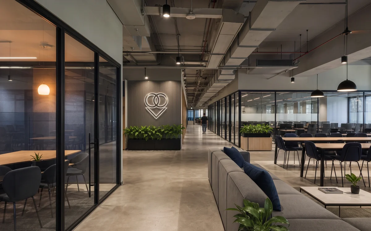 Finished open-plan office with an exposed services ceiling, glass-fronted meeting rooms, a slatted logo wall with planters, a long work table and a grey lounge sofa