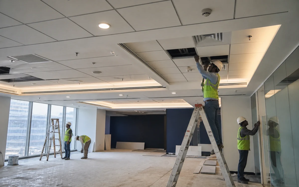 Workers fitting ceiling tiles in an open office ceiling under construction, glass partitions being installed alongside